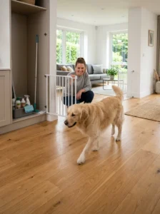 Dog walking on a cleaned household surface while the owner considers cleaning product safety