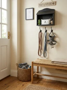 Dog leash holder with small mailbox for entryway organization