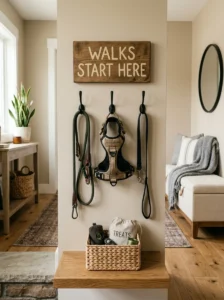 Personalized dog leash station with wooden sign and storage basket