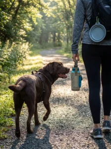 Dog walking during cooler hours with water for heatstroke prevention