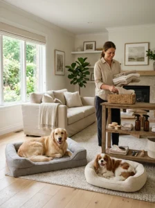 Two dogs with fresh bedding in a well-managed odor-free home