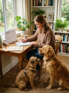 Owner organizing veterinary appointments for two dogs