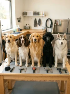 Different dog coat types requiring different grooming brushes