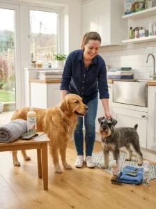 Two dogs with different coats following individualized bathing routines