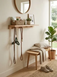 Floating shelf with hidden hooks for organized dog leash storage