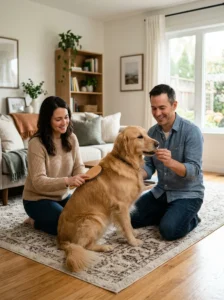 Household members using a consistent gentle approach with an anxious dog