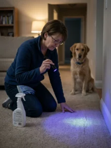 Using a UV blacklight to locate an old dog urine stain on carpet