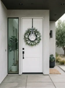 Modern black and white dog paw wreath on a front door