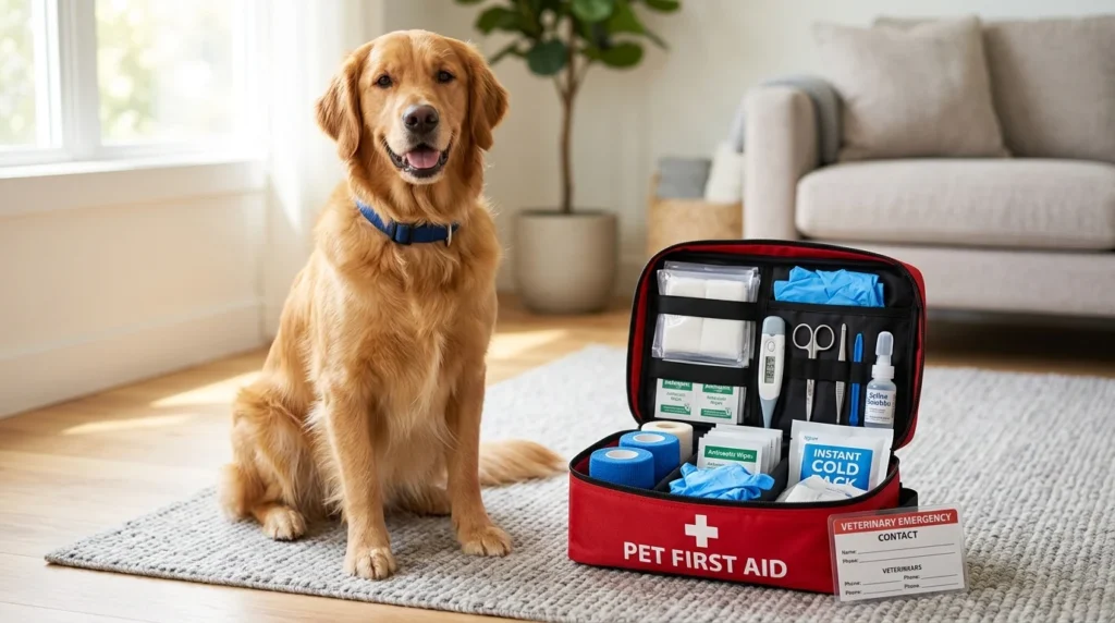 Dog first aid kit with essential supplies for minor emergencies.