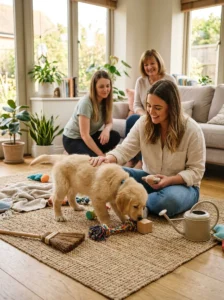 Puppy experiencing positive early socialization with its owner.