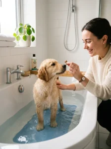 Puppy learning to stay calm during bath time with treats
