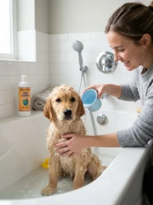Puppy receiving a gentle first bath at home