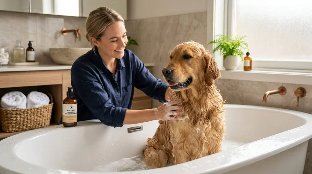 Golden Retriever receiving a gentle bath at home
