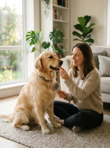 Dog enjoying positive grooming with treats and gentle handling
