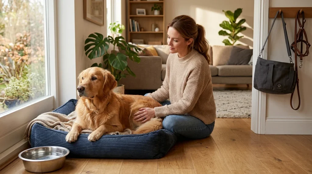 Golden Retriever being monitored for kennel cough symptoms at home.