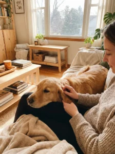 Calm dog relaxing with its owner to reduce stress-related licking