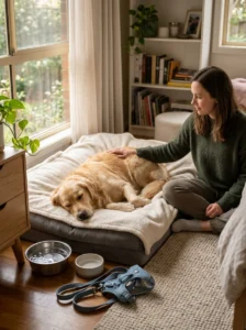 Golden Retriever recovering from kennel cough in a quiet home environment.