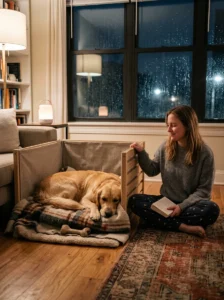 Golden Retriever using a safe space during a thunderstorm.