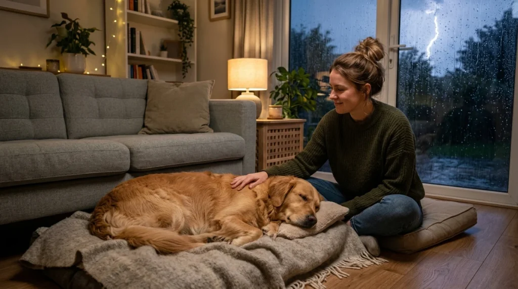 Golden Retriever resting safely with its owner during a thunderstorm.