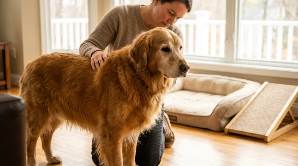 Senior dog receiving supportive joint care at home