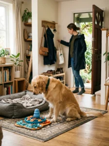Golden Retriever practicing a gradual departure routine for separation anxiety.
