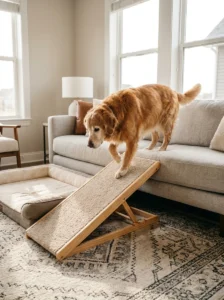 Senior dog using a ramp and supportive home setup for joint comfort