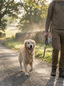 Dog gradually adjusting to warmer weather during an early morning walk
