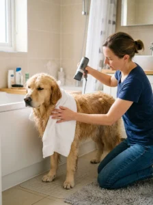 Dog being thoroughly dried after a bath with towels and a pet-safe dryer
