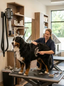Professional groomer performing a deshedding treatment on a double-coated dog