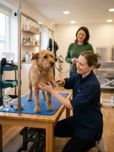 Professional groomer gently working with an anxious dog