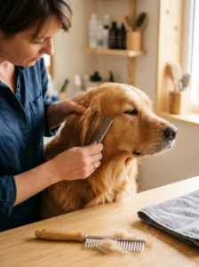 Fine-tooth comb used to groom delicate areas around a dog's ear