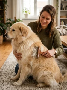 Undercoat rake removing loose fur from a double-coated dog