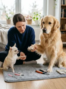 Small and large dogs receiving nail care with appropriately sized grooming tools