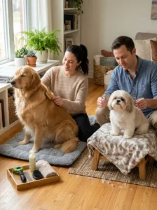Two dogs with different coats receiving separate shedding management routines