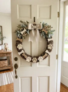 Dog bone and paw print wreath with natural wood decorations
