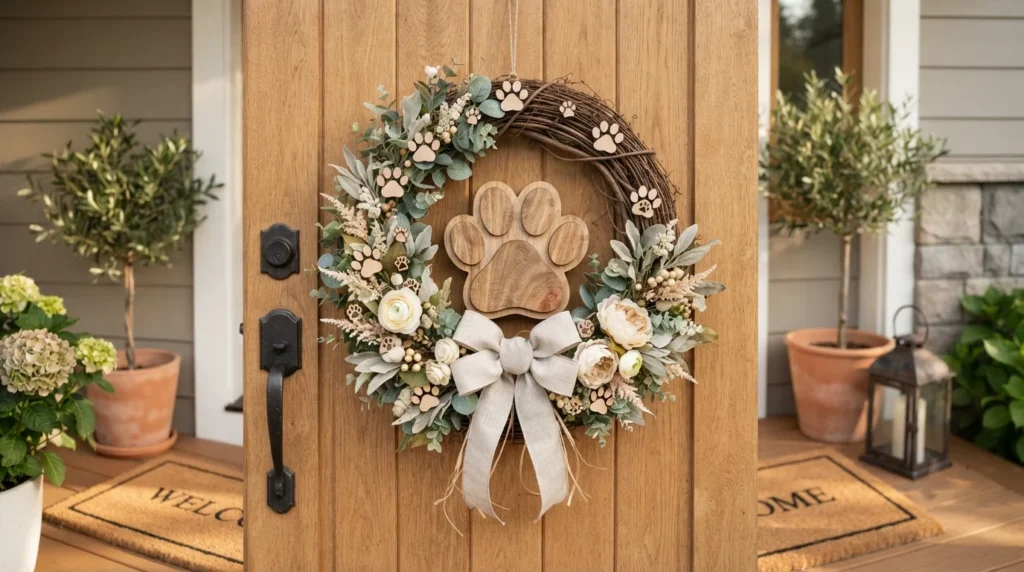 Handmade dog paw wreath with wooden paw prints and neutral flowers on a front door