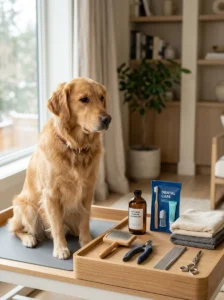 Essential dog grooming tools including brush, nail clippers, shampoo and dental supplies