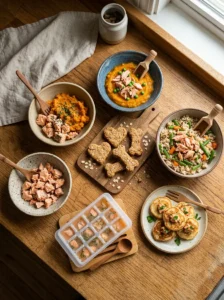 Seven homemade salmon dog food recipes arranged on a kitchen counter