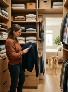 Pet hair accumulating on stored clothing and fabric items in a closet