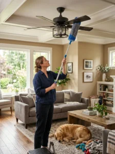 Cleaning pet hair and dust from a ceiling fan and light fixture
