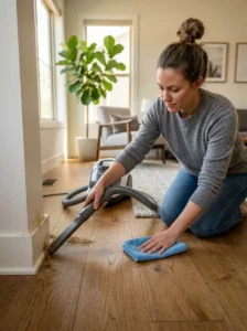 Dog hair accumulated along baseboards and room corners