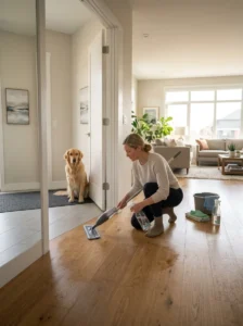 Dog kept away while a household floor is cleaned and allowed to dry