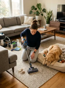 Homeowner spending focused time cleaning overlooked pet hair accumulation spots