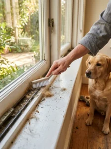 Dog hair collected in a window track and sill