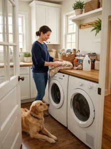 Washing dog bedding and toys with gentle laundry products