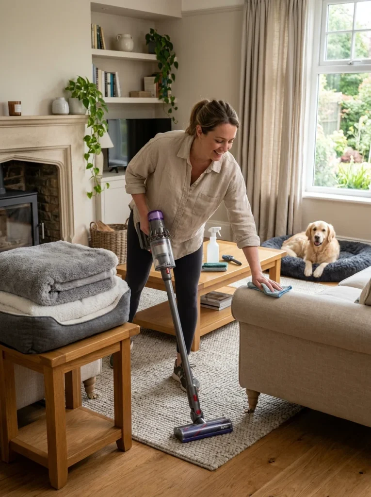 Owner cleaning a home to remove persistent dog odor