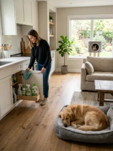 Safe household cleaning practices for a home with dogs and cats