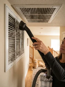 Pet hair buildup around an HVAC return vent being cleaned with a vacuum