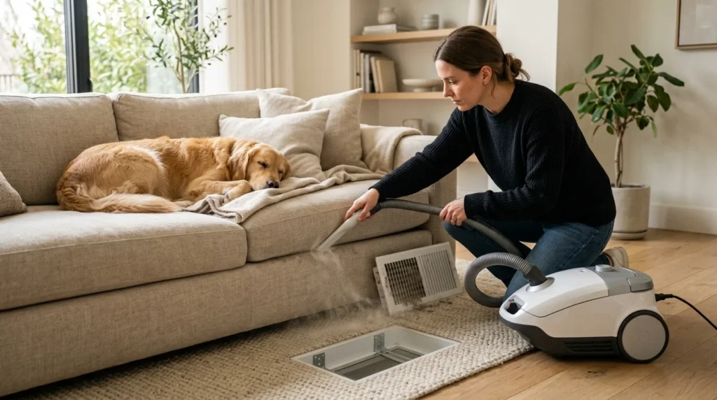 Dog hair accumulating in overlooked areas of a clean home, including furniture crevices and air vents