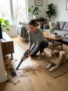 Pet hair accumulating in overlooked areas of a small apartment